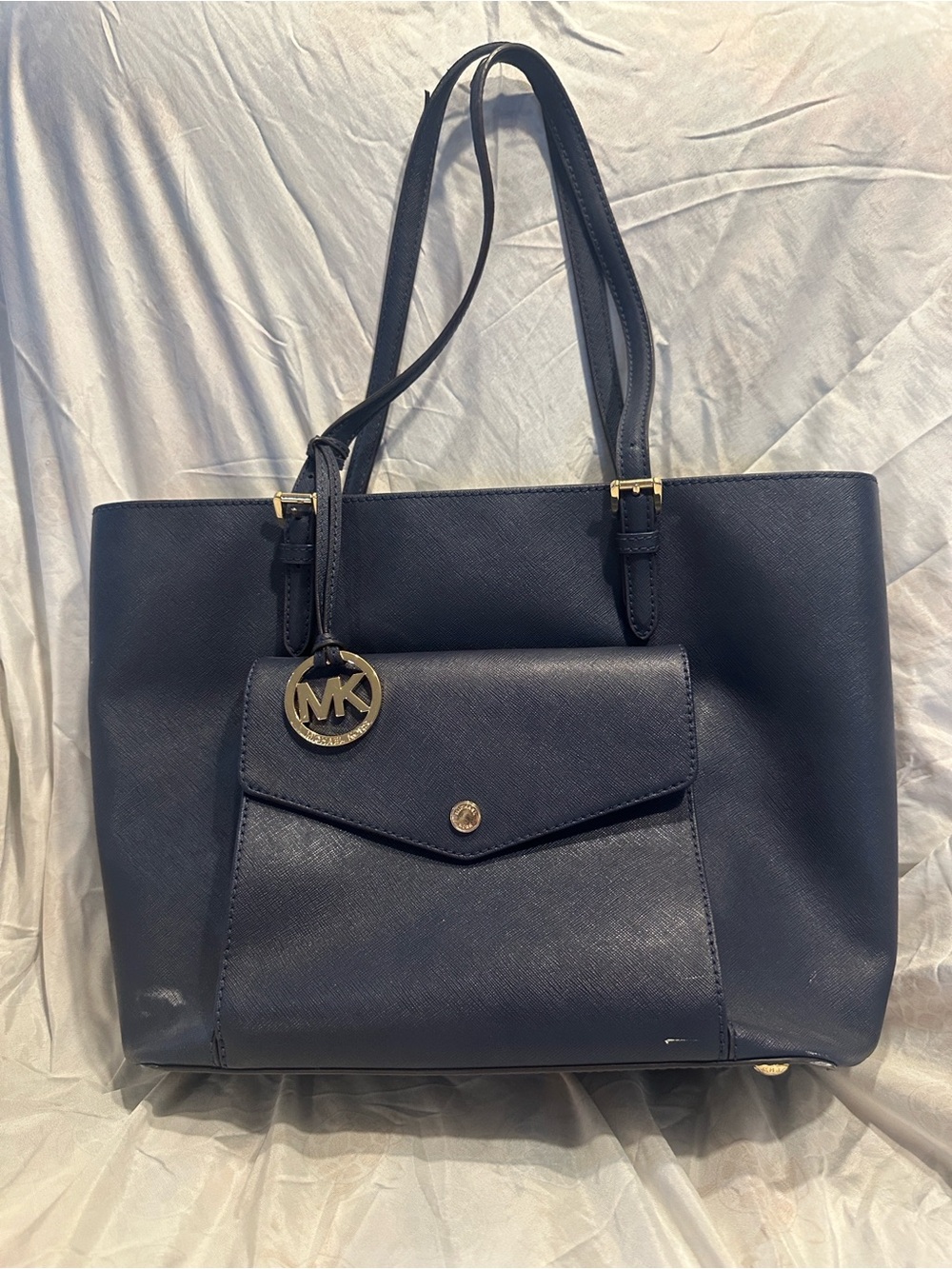 Michael Kors Navy Saffiano Tote with Front Pocket and Gold Accent